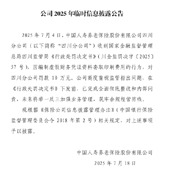 中祥配资 国寿养老回应四川分公司被罚：已完成全面彻底整改和内部问责